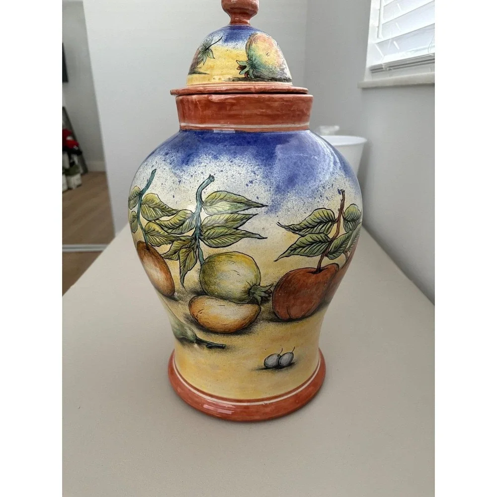 VTG Large Hand Painted Italian Ceramic Ginger Jar Fruit Motif‎ Lidded Urn 18.5